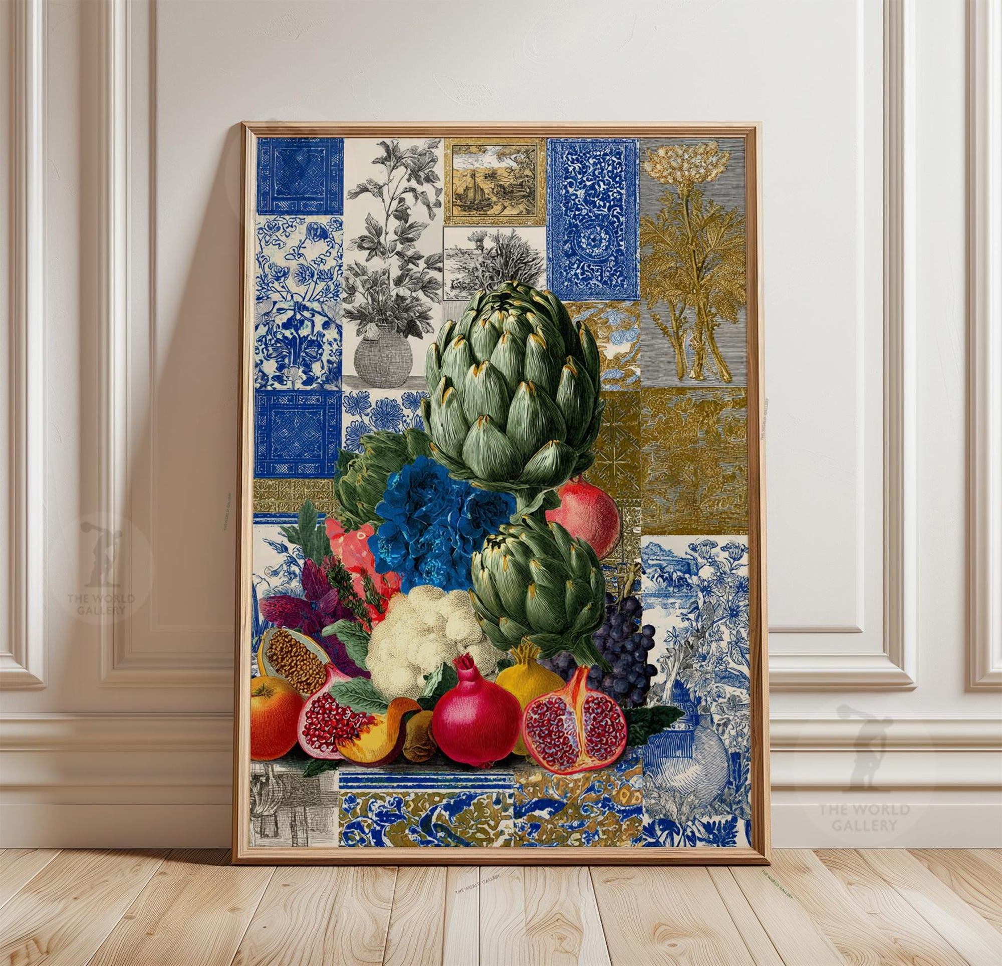 Artichoke Still Life Poster Blue Tile Collage Art Print Botanical Fruit