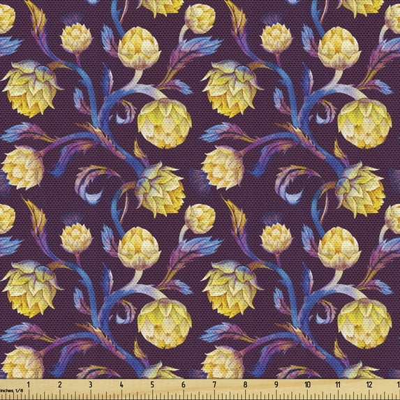 Artichoke Upholstery Fabric by the Yard, Art Nouveau Style Arrangement with Vibrant Colored Vegetable Vegan, Decorative Fabric for DIY and Home Accents, 1 Yard, Dark Blue Yellow by Ambesonne