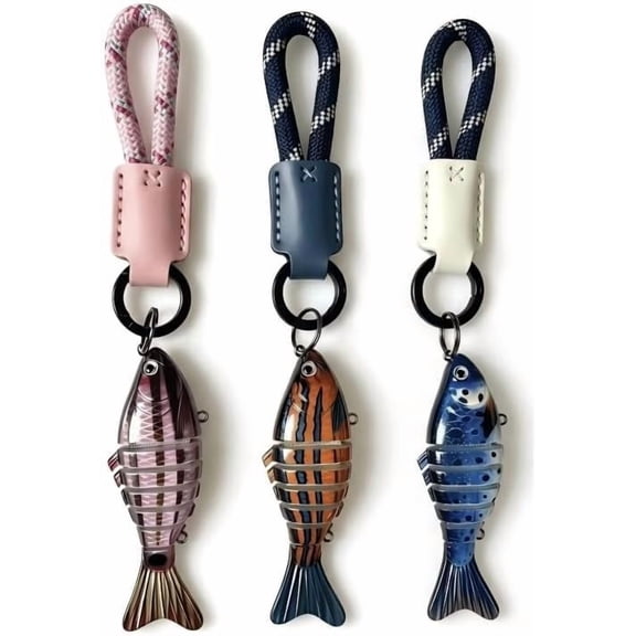 Articulated Fish Keychain, Jointed Fishing Lure Key Ring with Braided Lanyard & Leather Strap