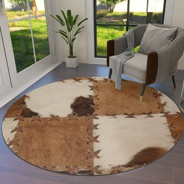 Articulated Texture Cowhide Texture Round Area Rug Carpets for Living Room Large Floor Mat Home Bedroom Kid Room Decoration