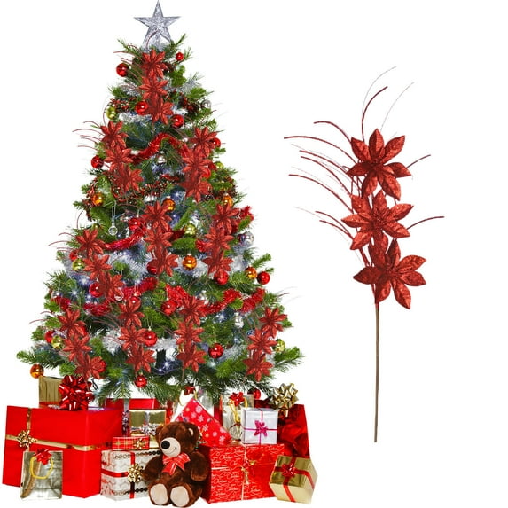 Artifial Flower Branch Christmas Long Flower Cuttings Decoration for Xmas Tree Wreath Glitter Floral Picks Arrangement for Wedding Party (Red)