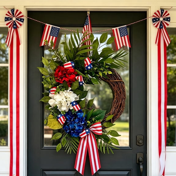 Artifical Patriotic Wreath for Front Door, Fourth of July Wreath with Hydrangeas Ivy Spring Summer Wreath for Wall Decor Indoor Outdoor