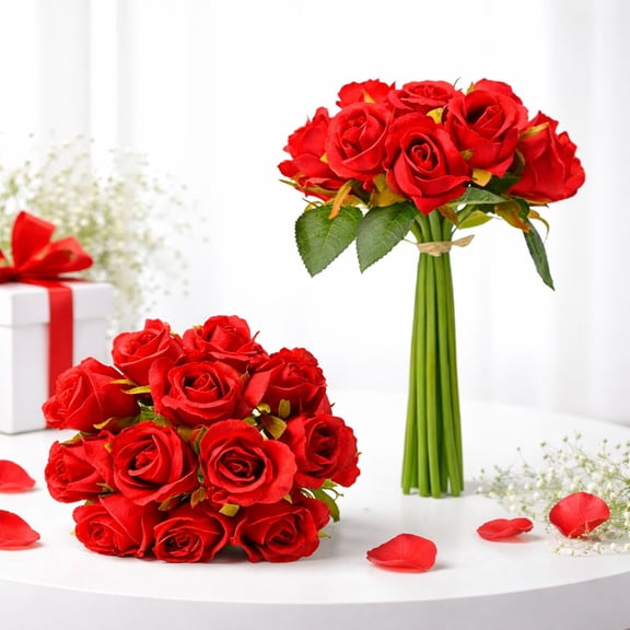 Artificial 12 Simulated Roses Hand Bouquet - Lifelike Faux Silk Flowers for Gift Giving, Home Decoration, Wedding Centerpiece - No Maintenance, Long Lasting Fade Resistant - 12 Count