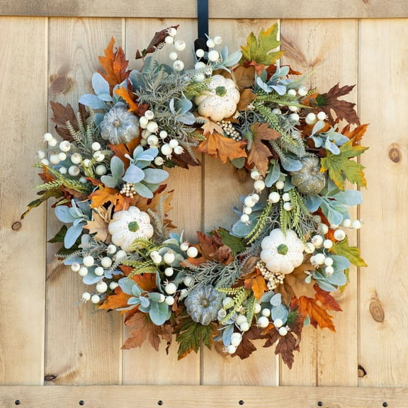 Artificial 13.77 inch Wreath Fall Maple Leaves Wreath,White Berry with White Pumpkin Wreath for Front Door Harvest Festival Window Wedding Autumn Outdoor Indoor Decor