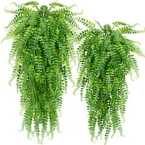 Artificial 2pack Fake Hanging Ferns Plant Faux Ivy Boston Outdoor UV Resistant Plastic (Green) A