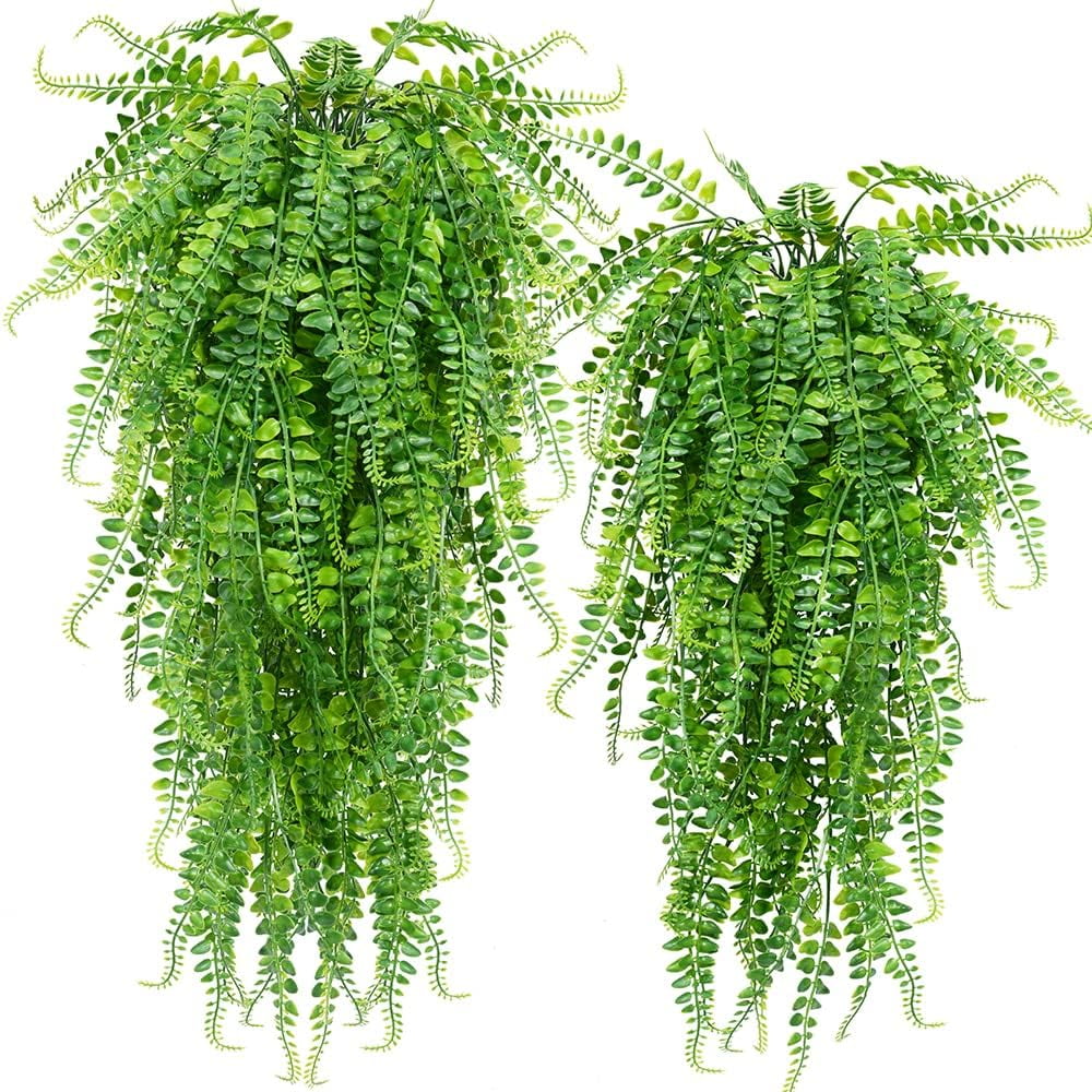 Green UV Resistant Artificial Hanging Ferns with Plastic Leaves, 2-Pack