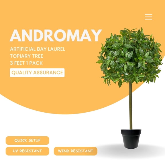 Artificial 3FT Bay Laurel Topiary Tree, Faux Potted Bay Leaf Plant with Lifelike Greenery for Front Door, Living Room, Office, Indoor Outdoor Decor