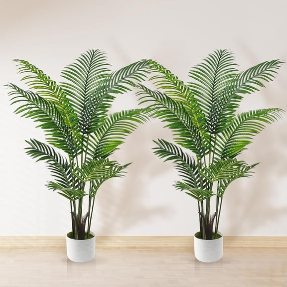 Artificial 4 Foot Areca Palm Tree with White Tall Planter 2 Pack