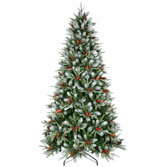 4 ft. Christmas Tree Holiday Tree w/ 747 Tips, Red Berries, Pine Cones, Sturdy Metal Stand, Hinged Design for Easy Setup