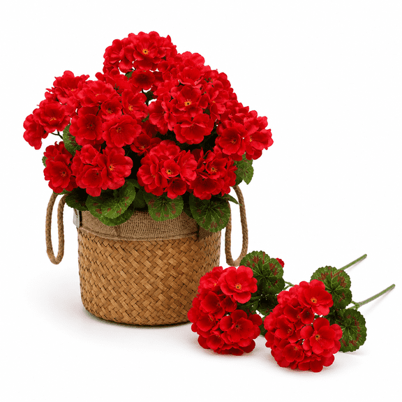 Artificial 5-Bud Red Geranium Flowers, Faux Flowers for Patio or Balcony, UV Resistant Artificial Flowers for Outdoors, Wedding Decor, Fake Plants for Garden or Home Decoration