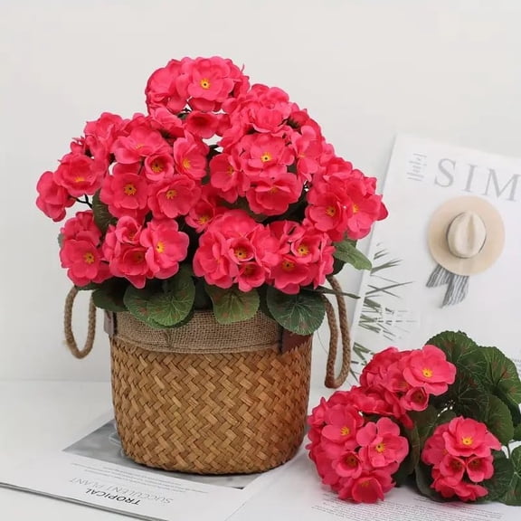Artificial 5-Bud Red Geranium Flowers, Faux Flowers for Patio or Balcony, UV Resistant for Outdoors, Wedding Decor, Fake Plants for Garden or Home tion