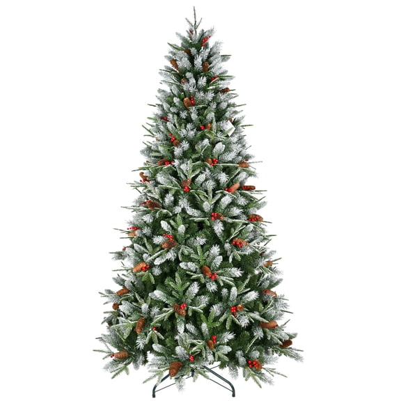 Artificial 5ft Green Christmas Tree with 1113PE/PVC Mixed Branch Tips,Red fruit and Pine cone,Hinged Premium & Foldable Base for Indoor Holiday Decorating