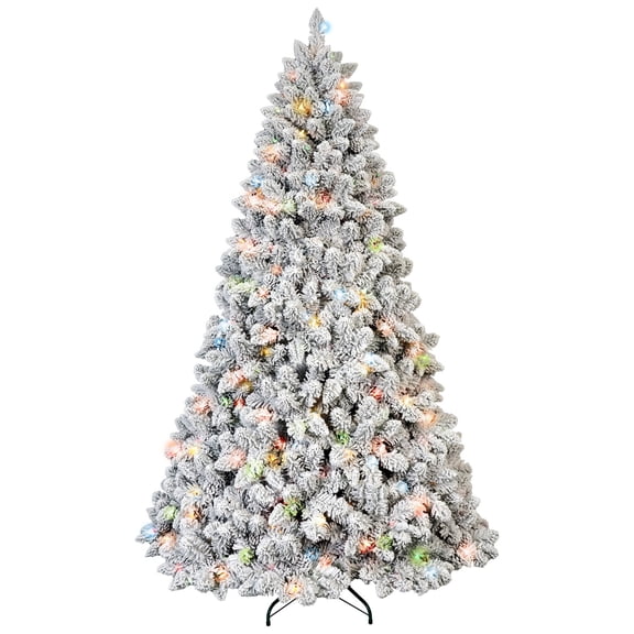 Artificial 6ft Flocked Christmas Tree with 888 PVC Branch Tips, Pine cone*35pcs, 350L Colorful led, memory wire+iron wire, Hinged Premium & Foldable Base for Indoor Holiday Decorating