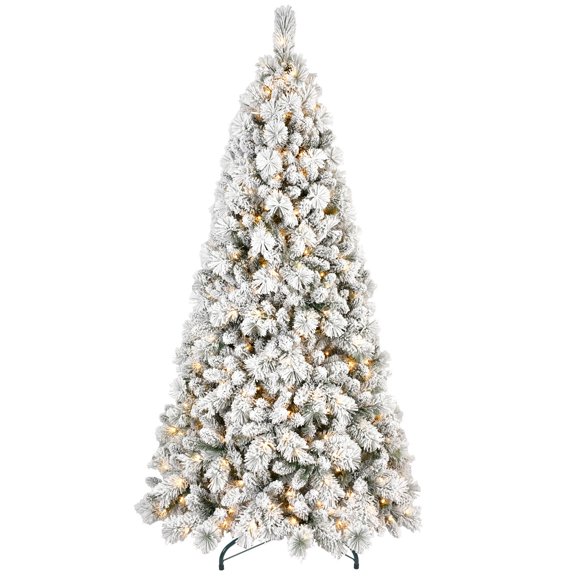 Artificial 7.5ft Flock LED-lit Christmas Tree with 1252PVC/Hard Needle Mixed Branch Tips,Hinged Premium & Foldable Base for Indoor Holiday Decorating
