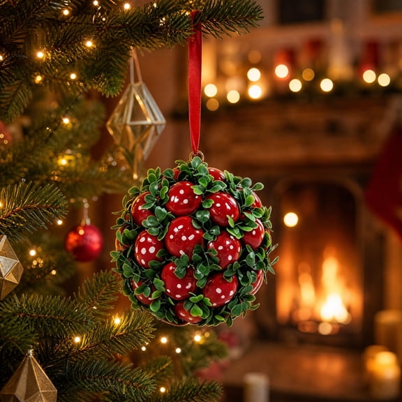 Artificial 7.87 In Eucalyptus Kissing Ball, Christmas Red Polka-Dot Berry Hanging Ball Ornament with Red Velvet Ribbon for Holiday Door Wall Decor