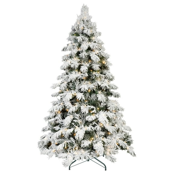 Artificial 8ft Flock LED-lit Christmas Tree with 1242PE/PVC Mixed Branch Tips,Hinged Premium & Foldable Base for Indoor Holiday Decorating