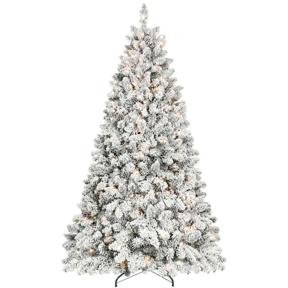 Artificial 8ft Flocked Christmas Tree with 1754 PVC Branch Tips, Pine cone*54pcs, 700L warm white led, Hinged Premium & Foldable Base for Indoor Holiday Decorating