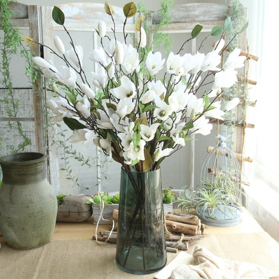 Artificial 9 Head Magnolia Flowers Bloom,Real Touch Magnolia Stems for Office Vase Table Centerpiece Home Decor(White Magnolia)