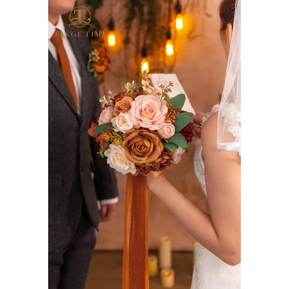 Artificial 9 Inch Bridal Bouquet, Terracotta Flower Bouquet with Roses for Bride