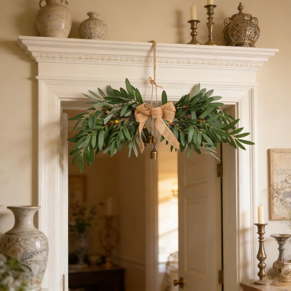 Artificial Antler Wreath Wall Hanging, Jute Rope Bow & Bells Decor, Rustic Ornament for Doorway Lintel Mantel Home Farmhouse Wall Festival Daily Decoration