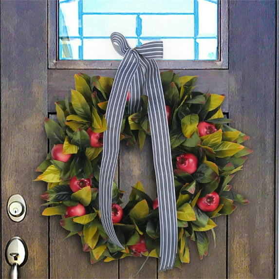Artificial Apple Wreath with Greenery and Black White Ribbon, 18 Inch Realistic Faux Fruit Door Decoration for Home, Kitchen, Indoor, Outdoor, Farmhouse, Holiday, and Seasonal Display