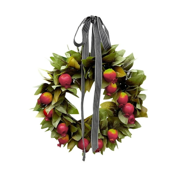 Artificial Apple Wreath with Greenery and Black White Ribbon, 18 Inch Realistic Faux Fruit Door Decoration for Home, Kitchen, Indoor, Outdoor, Farmhouse, Holiday, and Seasonal Display