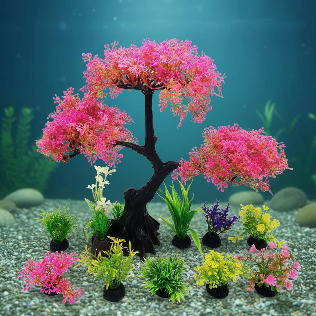 Artificial Aquarium Plants, Fish Tank Decorations, Cherry Blossom Simulation Aquatic Grass Plastic Grass Pine Tree Combination
