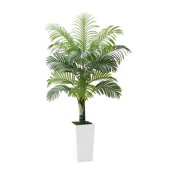 Artificial Areca Palm Tree 5 ft, Faux Palm Tropical Plants in White Planter, Indoor Outdoor Decor