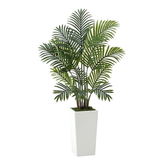 Artificial Areca Palm Trees 4ft, 2 Pack Faux Tropical Plants, Indoor Outdoor Floor Plants in White Planter for Home Office Decor