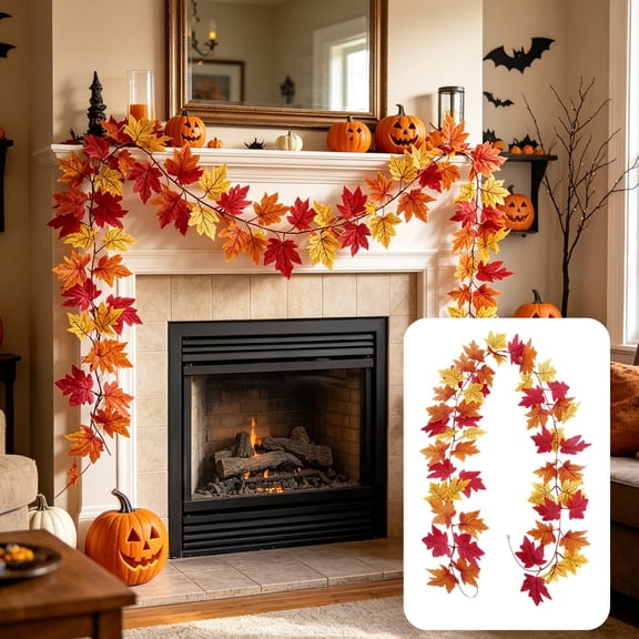 Artificial Autumn Hanging Maple Leaf Garland, Flexible Fall Vine Decor, Realistic Seasonal Foliage Accent, Fireplace Wall Decoration, Indoor Outdoor Thanksgiving Halloween Display