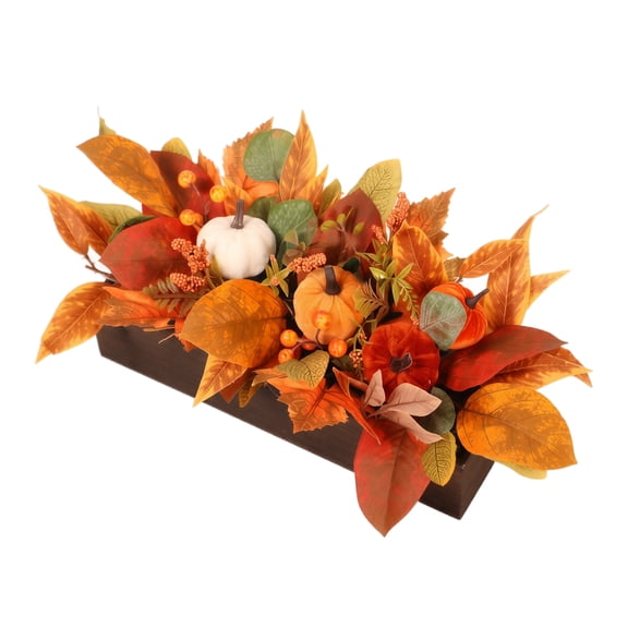 Artificial Autumn Harvest Table Centerpiece with Pumpkins Maple Leaves Floral Arrangement in Rectangular Planter