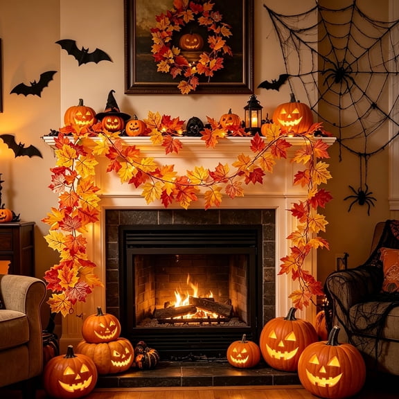 Artificial Autumn Maple Garland, Hanging Leaf Vine Decoration, Thanksgiving Halloween Home Decor, Flexible Wall Fireplace Accent, Indoor Outdoor Seasonal Display, Reusable Fall Garland