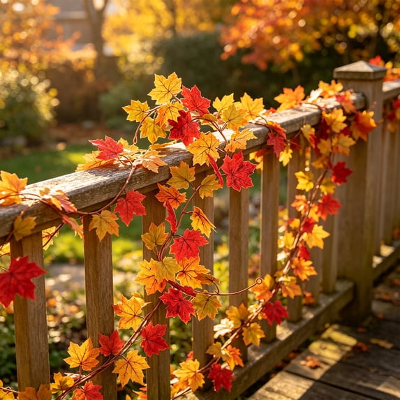 Artificial Autumn Maple Leaf Garland, Realistic Fall Foliage Vine for Halloween Thanksgiving Harvest Season, Indoor Home Fireplace Railing Window Festival Party Decor