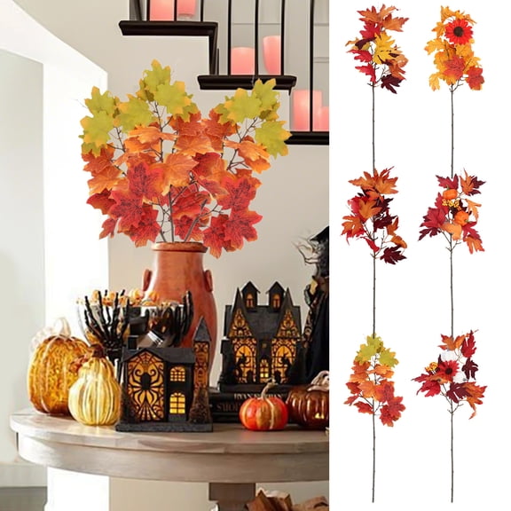 Artificial Autumn Red Maple Leaf Bouquet Bundle, Faux Fall Foliage for Vase Floral Arrangement Home Living Room Decor, Fake Maple Leaf for Thanksgiving Party Table Centerpiece Decoration, Orange5