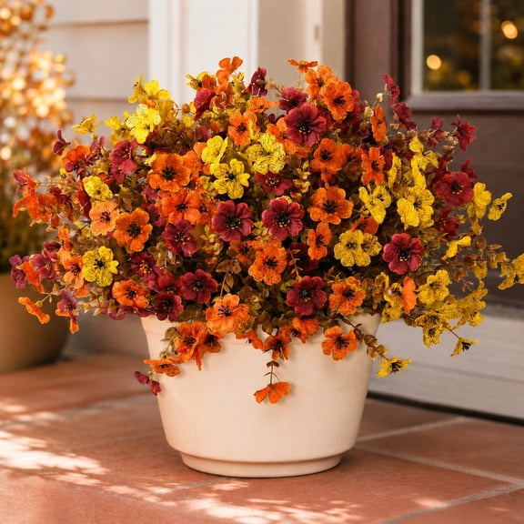 Artificial Autumn Violet Silk Flower Bouquet, UV Resistant Weatherproof Faux Fall Flowers Outdoor, 4/8 Pcs Decorative Flowers for Front Porch and Table Arrangement