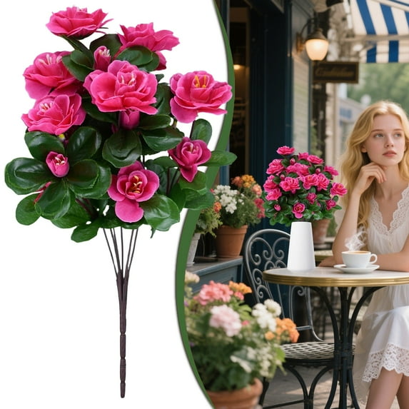Artificial Azalea Bouquet 34CM 7 Branch 21 Head Silk Flower Arrangement Lifelike Plastic Floral for Wedding Centerpieces and Home Decoration, faux flowers, pink azalea bouquet