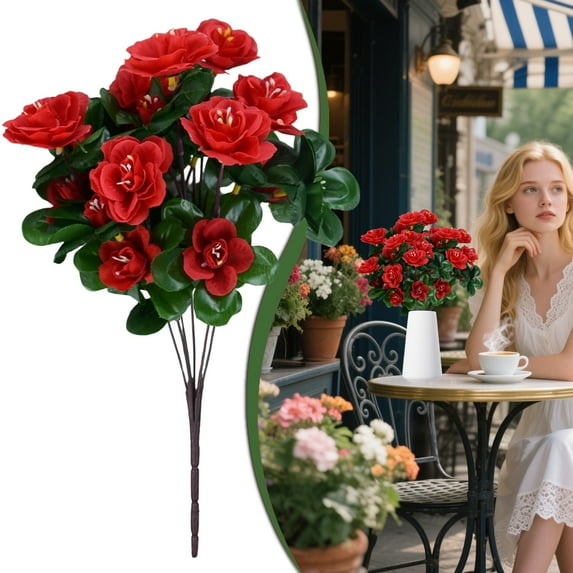 Artificial Azalea Bouquet 34CM 7-Branch 21-Head Silk Flower Arrangement Realistic Plastic Floral for Wedding Centerpieces and Home Decoration, faux floral decor, red azalea bouquet