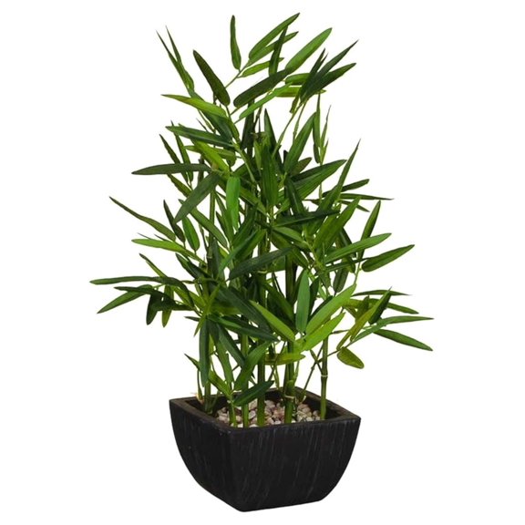 Artificial Bamboo in Black Polyresin Pot with Decorative River Stones for Home Office Kitchen Living Room Countertop Mantel