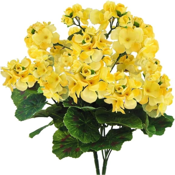 Artificial Begonia Silk Flower, Fmnung Faux Geranium Plant for Home Decor, Fake Flower for Outdoor Planter Hanging Basket, Easy to Care For, Uv Resistant, Never Fades (Yellow)
