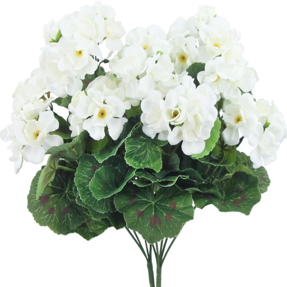Artificial Begonia Silk Flower, Fmnung Faux Geranium Plant for Home Decor, Fake Flower for Outdoor Planter Hanging Basket, Easy to Care For, Uv Resistant, Never Fades (White)