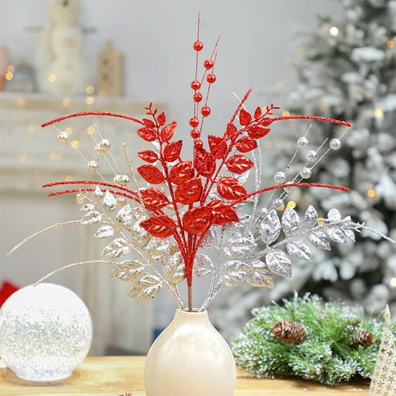Artificial Berry Leaf Bundle | Christmas Tree Decor | Simulation Tender Leaves & Berries | Outdoor Waterproof Sunproof | Flexible Plastic Stems | 15.7in | 1 Piece | Red Silver Rose Gold