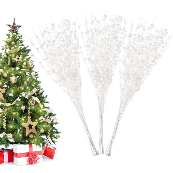 Artificial Berry Picks, 30 Pack 15.7 Inch Artificial Glitter Berry Stem Ornaments Curly Glittery Twigs Tree Fillers for Xmas Holiday Winter Decor Crafts Wedding Party Supply (White)