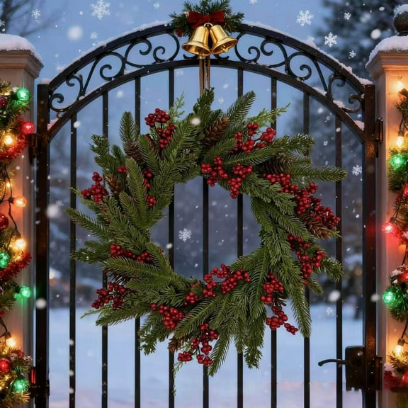 Artificial Berry Wreath with Pine Cones, 19.68 Inch Christmas Door Decoration, Realistic Green Foliage with Red Berries for Indoor and Outdoor Display