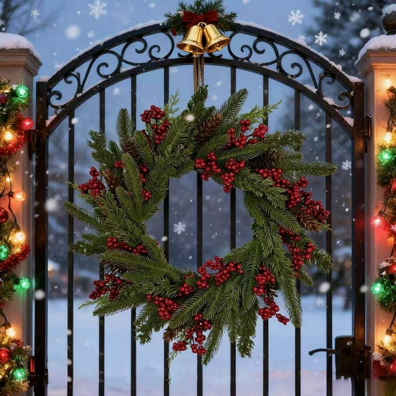 Artificial Berry Wreath with Pine Cones, 19.68 Inch Christmas Door Decoration, Realistic Green Foliage with Red Berries for Indoor and Outdoor Display