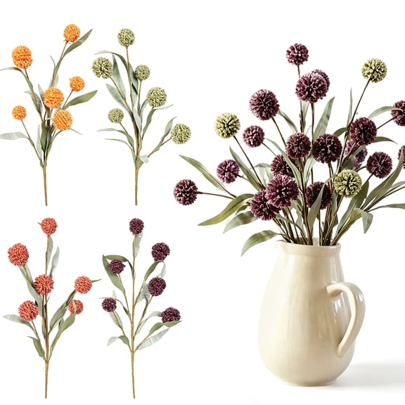 Artificial Billy Ball Stem 6 Head Floral Branch with Fabric Leaves and Flexible Wired Stem for Indoor Display