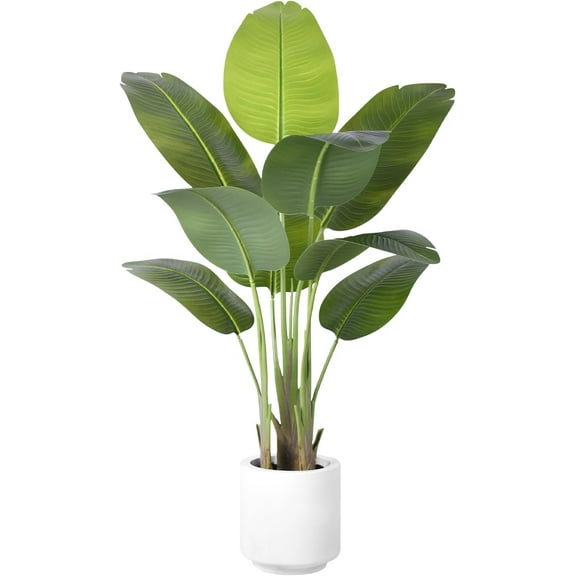 Artificial Bird of Paradise Plant 4Ft Tall Fake Tropical Palm Tree Large Fake Plants with 9 Silk Banana Leaves Faux Plant Indoor Decor Trees with White Pot for Home Bedroom Living Room Office