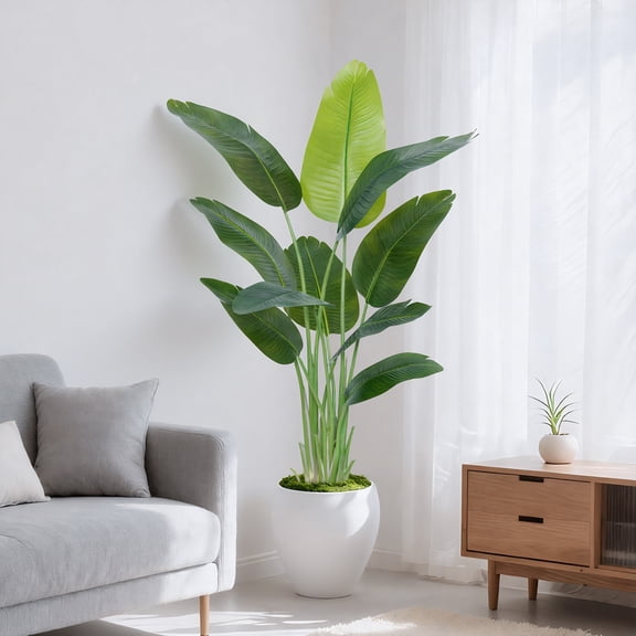 Artificial Bird of Paradise Plant 5Ft Tall Fake Tropical Palm Tree Large Fake Plants with 10 Silk Banana Leaves Faux Plant Indoor Decor Trees with White Pot for Home Bedroom Living Room Office