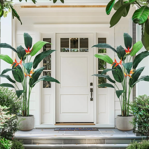 Artificial Bird of Paradise Plant Fake Palm Tree for Indoor Outdoor Modern Decor Faux Plants for Home Office Perfect Housewarming Gift with Trunks Faux Leaves 2 Pack