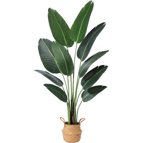 Artificial Bird of Paradise Plants 6 Ft Fake Tropical Palm Tree with 13 Trunks in Pot and Woven Seagrass Belly Basket Perfect Faux Plant for Home Indoor Outdoor Office Modern Decor Green 1Pc…