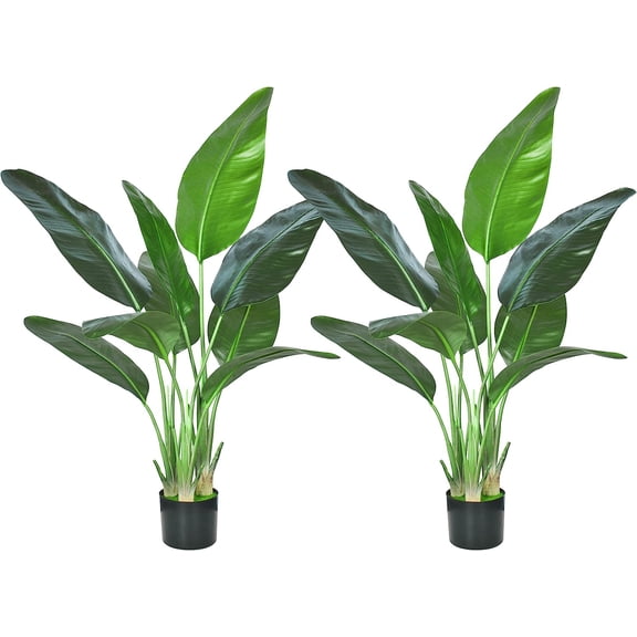 Artificial Bird of Paradise Plant 4 FT 2 Packs Real Touch Leaves Potted Faux Palm Tree for Indoor Outdoor Decor